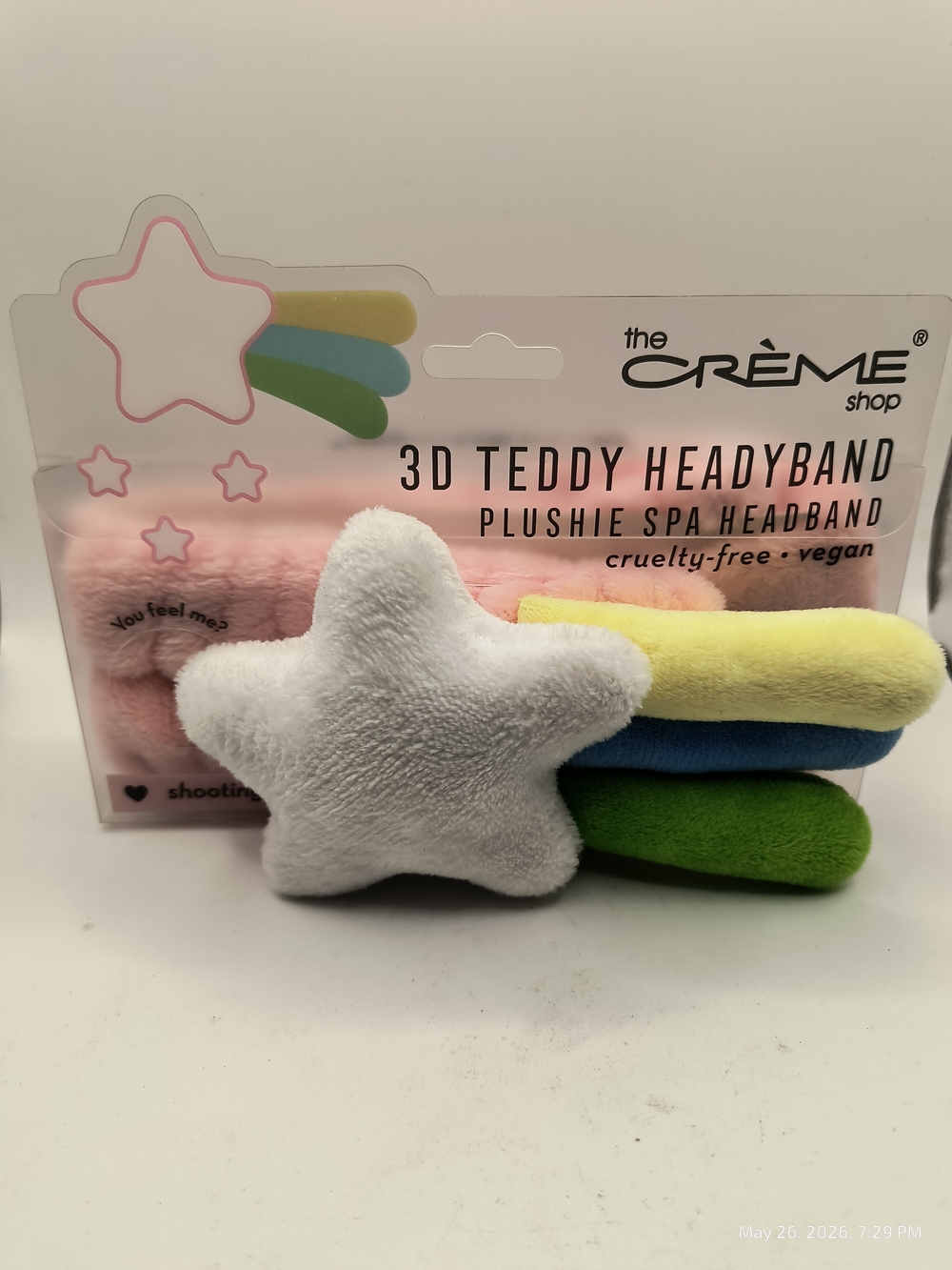 The Creme Shop 3D Teddy Plushie Spa Headband - White Star with Pastel Bands Pink